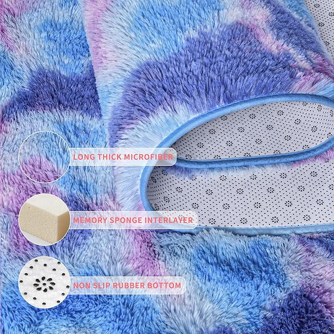 Tepook Soft Rainbow Rug for Girls Room, Cute Fluffy Bedroom Rug, 4x6 Feet Shaggy Princess Colorful Carpet for Kids Teens Toddler Playroom Nursery Reading Nook, Blue