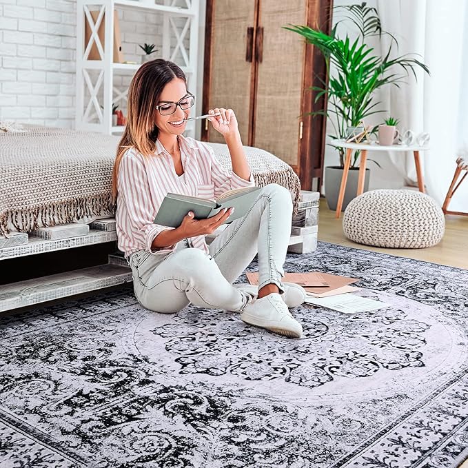 YJ.GWL Area Rug for Living Room, 4x6 Machine Washable Boho Rug for Bedroom, Low Pile Lightweight Thin Rugs Floral Vintage Distress Print Pattern Carpet for Dining Room, Navy/White