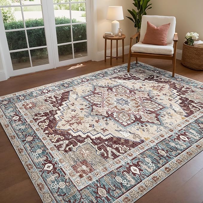 Washable Area Rugs Boho Thin Non Slip Stain Resistant Vintage Brown Printed Carpet Oriental Foldable Distressed 4x6 Rug for Living Room Bedroom Indoor House