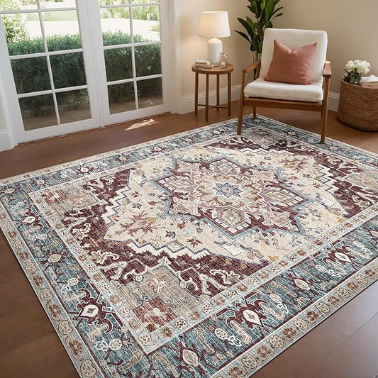 Washable Area Rugs Boho Thin Non Slip Stain Resistant Vintage Brown Printed Carpet Oriental Foldable Distressed 4x6 Rug for Living Room Bedroom Indoor House