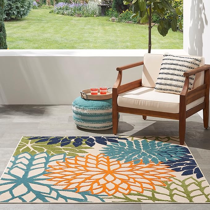 Nourison Aloha Indoor/Outdoor Multicolor 5'3" x 5'3"Square Area Rug, Tropical, Botanical, Easy Cleaning, Non Shedding, Bed Room, Living Room, Dining Room, Deck, Backyard, Patio (5 Square)