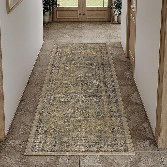 2x6 Brown Black Area Rug Runners for Hallways Washable Vintage Distressed Carpet Low Pile Non Slip Indoor Retro Soft Long Accent Rug Bedroom Kitchen Bathroom Laundry Dining Living Room