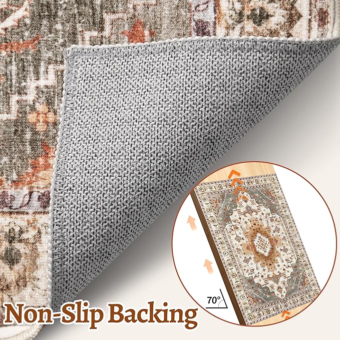 2.6x8 Washable Runner Rug for Hallways, Non Slip Vintage Runner, Soft Low Pile Long Rug Runner, Print Distressed Turmeric Carpet Runners for Kitchen Bedroom Entryway Bathroom Living Room