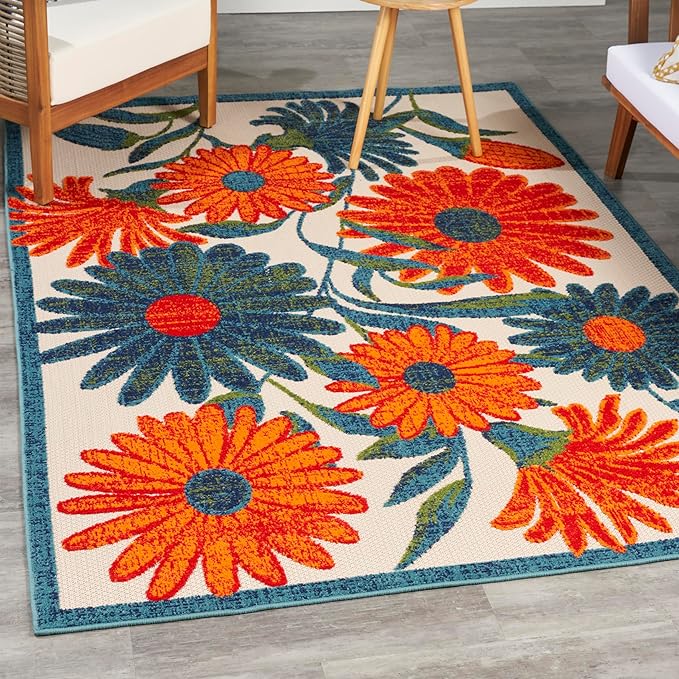 Nourison Aloha Indoor-Outdoor Modern Ivory Multicolor 6' x 9' Area Rug, Easy Cleaning, Non Shedding, Bed Room, Living Room, Dining Room, Backyard, Deck, Patio (6x9)