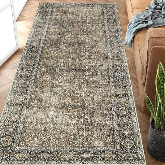Brown Runner Rug 2x6 Vintage Area Carpet Hallway Long Indoor Kitchen Washable Living Room Low Pile Traditional Distressed Retro Accent Throw Rug Non Slip Laundry Bathroom Office Dining Room
