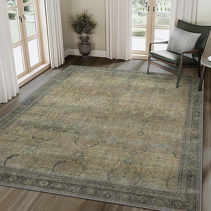 10X12 Area Rugs Machine Washable Rugs for Living Room, Vintage Boho Large Rugs for Bedroom Dining Room, Non Slip Indoor Soft Distressed Lightweight Thin Low Pile Carpet, Vintage Sunset