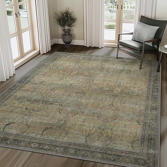 10X12 Area Rugs Machine Washable Rugs for Living Room, Vintage Boho Large Rugs for Bedroom Dining Room, Non Slip Indoor Soft Distressed Lightweight Thin Low Pile Carpet, Vintage Sunset