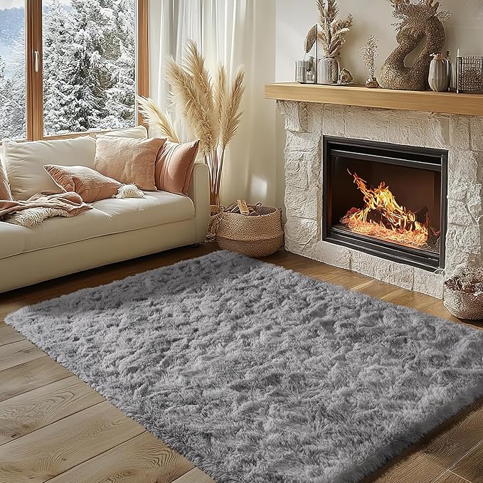 Zentavio Grey and White Area Rugs for Living Room Men Room Carpet 4x6 Bedroom Fluffy Furry Shag Aesthetic Plush High Pile Floor Rug for Kids Room Dorm Home Decor Tie-Dyed Grey White