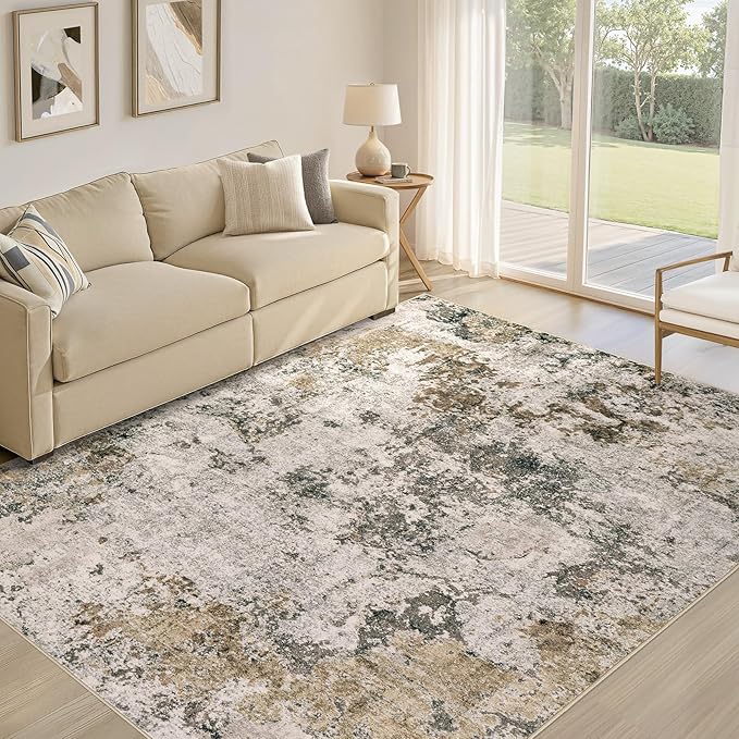 Area Rugs for Living Room: 9x12 Abstract Washable Rug Large Soft Stain Resistant Non-Slip Backing for Bedroom Dining Room Indoor Home Office Carpet for Kids Pet Friendly Families - Dark Brown