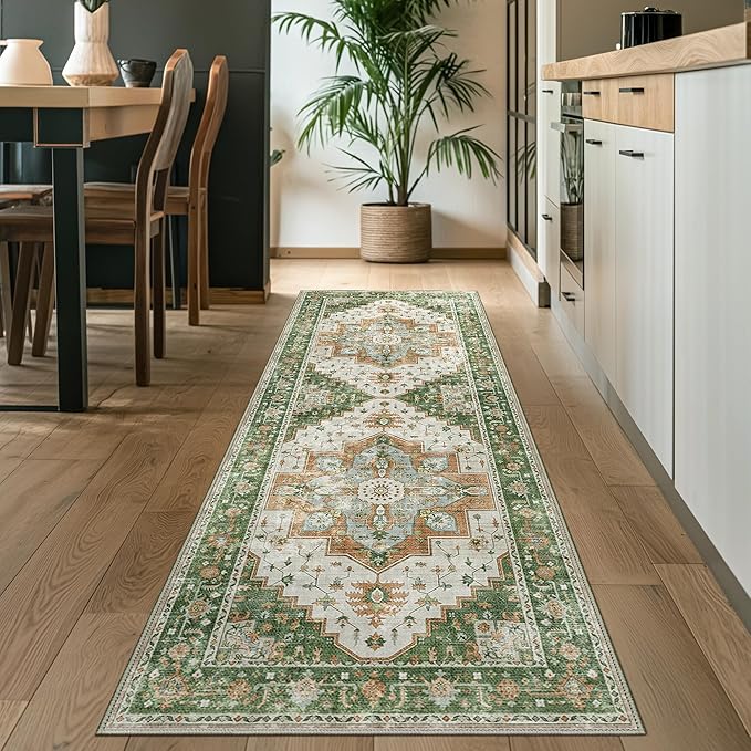 2X10 Area Rugs Machine Washable Runner Rugs for Living Room, Vintage Boho Rugs for Bedroom Dining Room, Non Slip Indoor Soft Distressed Lightweight Thin Low Pile Carpet, Green Brown Blue