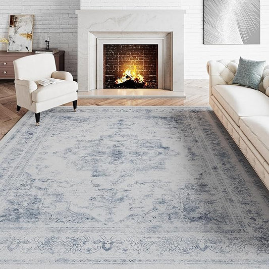 Washable Rug 6x9 Area Rug for Living Room Blue Vintage Boho Medallion Large Distressed Retro Carpet Non Slip Indoor Low Pile Small Soft Bedroom Dining Room Home Office