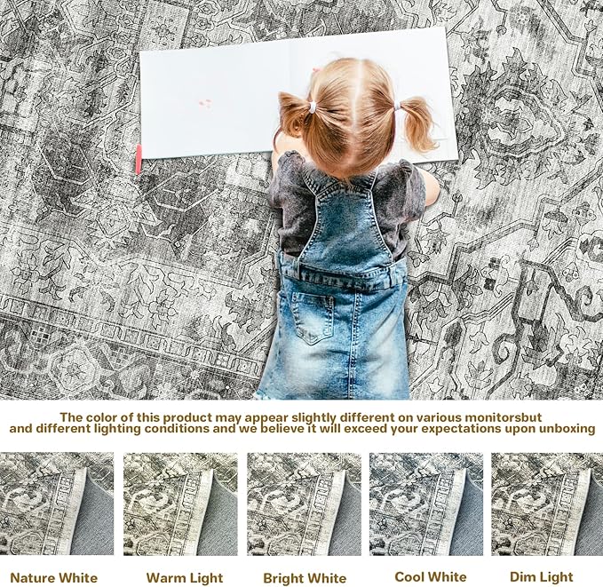 Washable Modern Rug 4x6, Small Distressed Anti-Skid Rugs for Living Room, Distressed Vintage Boho Rug Floor Carpet Bedroom Dining Room Office
