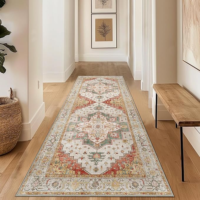 2X10 Area Rugs Machine Washable Runner Rugs for Living Room, Vintage Boho Rugs for Bedroom Dining Room, Non Slip Indoor Soft Distressed Lightweight Thin Low Pile Carpet, Yellow Slate Green