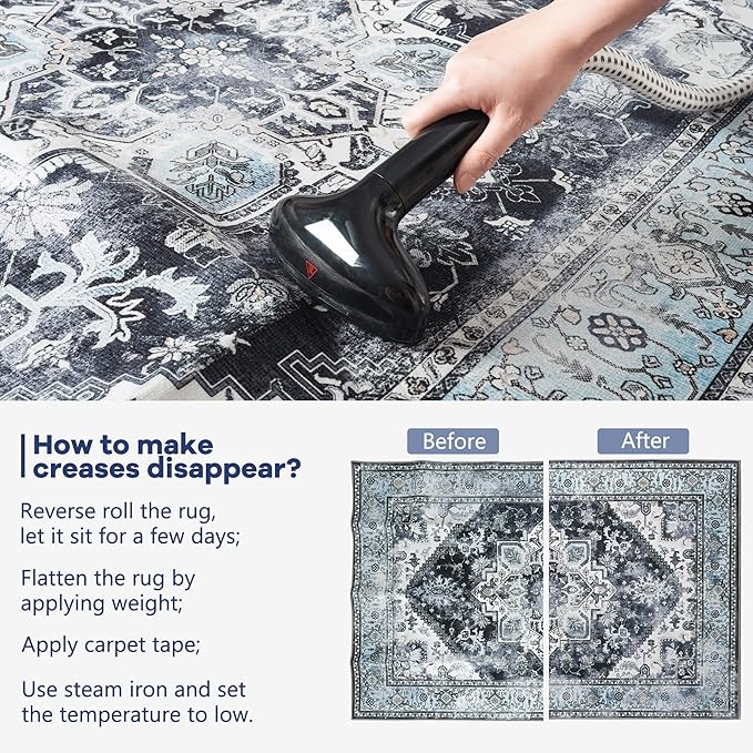 YJ.GWL Area Rug for Living Room, 4x6 Machine Washable Boho Rug for Bedroom, Low Pile Lightweight Thin Rugs Floral Vintage Distress Print Pattern Carpet for Dining Room, Blue/Grey