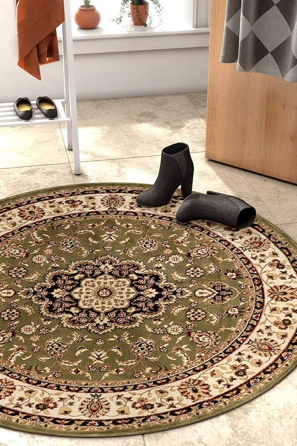 Well Woven Barclay Collection Medallion Kashan Green 4 ft Round Rug - for Entryways, Small Bedrooms, Living Rooms