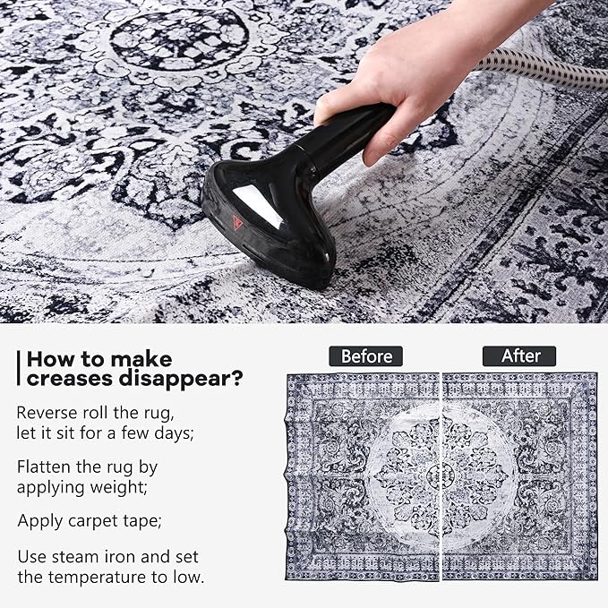 YJ.GWL Area Rug for Living Room, 4x6 Machine Washable Boho Rug for Bedroom, Low Pile Lightweight Thin Rugs Floral Vintage Distress Print Pattern Carpet for Dining Room, Navy/White