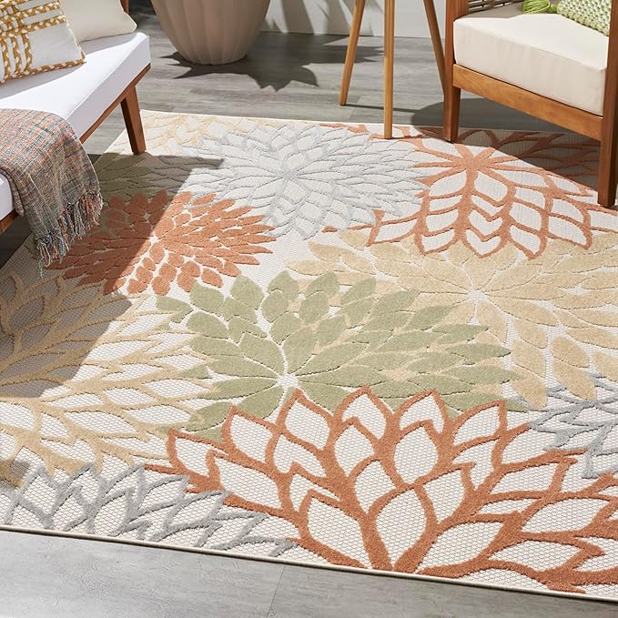 Nourison Aloha Indoor/Outdoor Ivory Multicolor 6' x 9' Area Rug, Easy Cleaning, Non Shedding, Bed Room, Living Room, Dining Room, Backyard, Deck, Patio (6x9)