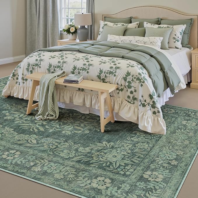 6x9 Area Rug Green Washable Vintage Distressed Living Room Carpet Large Bedroom Indoor Medallion Floral Non Slip Retro Throw Floor Mat for Office Dining Room Kitchen Bathroom