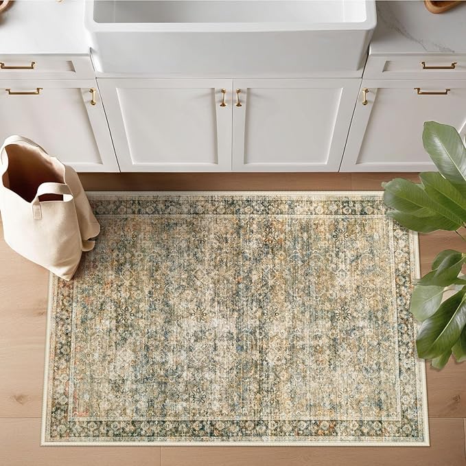 2x3 Area Rugs Entryway Rug: Washable Vintage Throw Rugs Soft Non Slip Small Rugs Low Pile Indoor Floor Door Mat Retro Distressed Rug for Entrance Bedroom Kitchen Laundry Room(Brown, 2'x3')
