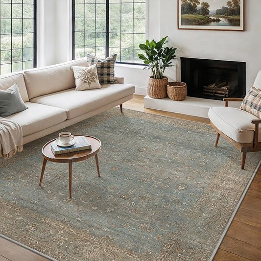 8X10 Area Rugs Machine Washable Rugs for Living Room, Vintage Boho Large Rugs for Bedroom Dining Room, Non Slip Indoor Soft Distressed Lightweight Thin Low Pile Carpet, Weathered Teal
