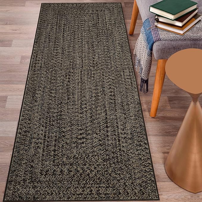 Printed Washable Runner Rug 2x8 Runners for Hallways Braided Pattern Non Slip Bath Mat Modern Soft Bedroom Rug Farmhouse Kitchen Rugs Entryway Rugs Stain Resistant Carpet 2'x8' Black/Brown