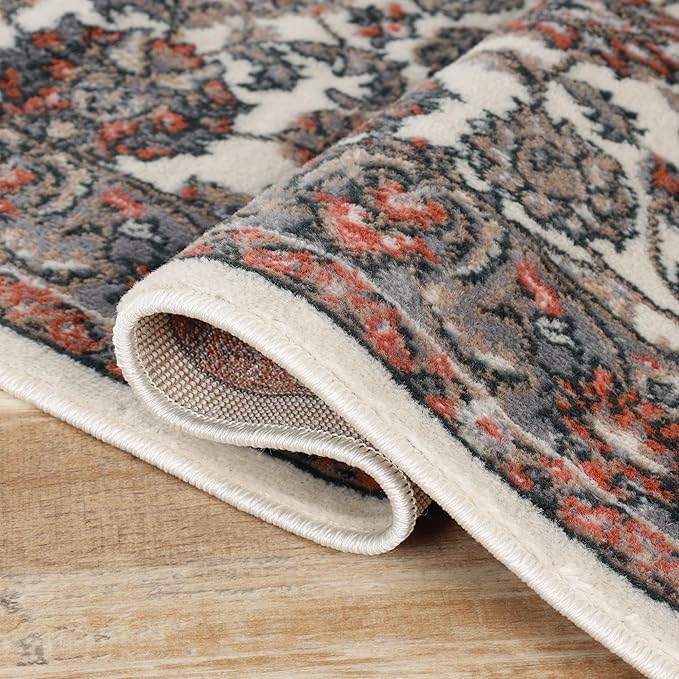 Superior Indoor Area Rug, with Jute Backing, Chic Bordered Floor Decor for Living Room, Bedroom, Office, Entryway, Kitchen, Dining, Floral Design, Lille Collection, 4' x 6', Brown-Salmon