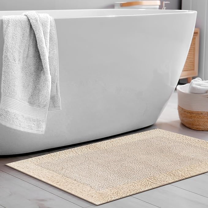 Savi Home Bath Mat Rug 17x24 Linen, 100% Pure Cotton, Super Soft White, Plush & Absorbent, Hand Tufted Heavy Weight Construction, Full Reversible Step Out Rugs