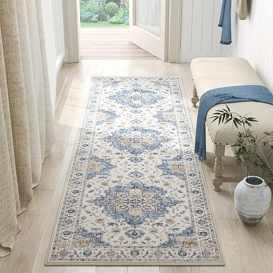 jinchan Runner Rug 3x10 Vintage Hallway Runner Boho Washable Rug Floral Medallion Retro Non Slip Classic Thin Soft Carpet for Kitchen Bedroom Bathroom Laundry Room Doorway Blue