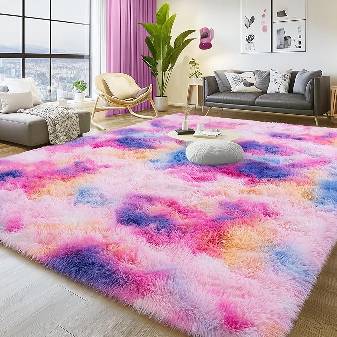 6x9 Fluffy Fuzzy Area Rug for Living Room Bedroom, Ultra Soft Large Living Room Rugs, Non Slip Thick Shag Rug for Dorm, Kids Girls Boys Rug for Home Decor Aesthetic, Dark Rainbow