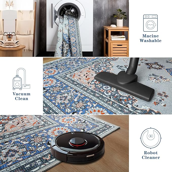 Tepook 2x6 Runner Rug for Hallway, Low Pile Washable Kitchen Rugs Runner Carpet, Non-Slip Vintage Indoor Throw Rugs for Bedroom Entryway Laundry Room Bedside Bathroom - Blue/Grey