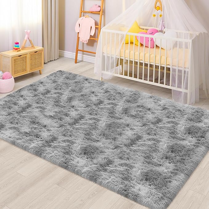 5x8 Ft Light Grey Large Area Rugs for Bedroom,Fluffy Furry Rug Floor Carpets Shaggy Playing Mat for Kids Baby Girls Room Nursery Home Decor Tie Dyed Gray Thick Rugs Fuzzy Home Decor