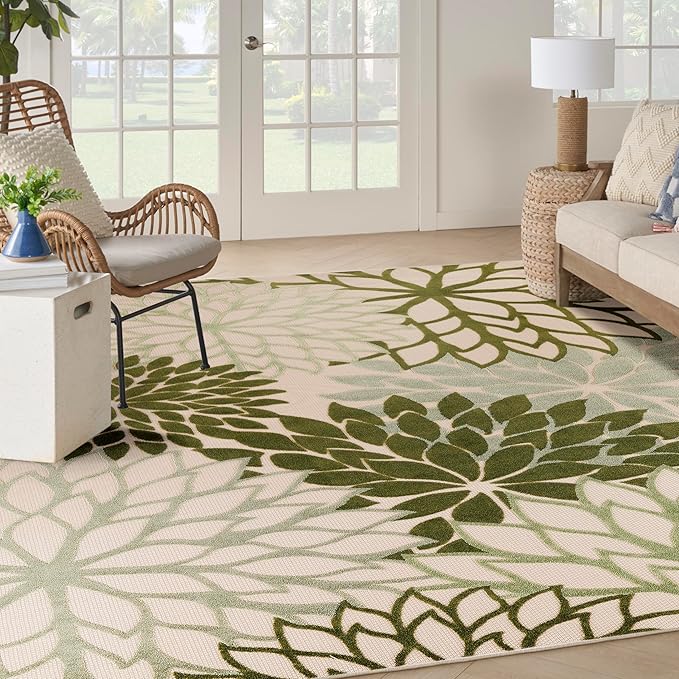 Nourison Aloha Indoor-Outdoor Ivory Green 9' x 12' Area Rug, Easy Cleaning, Non Shedding, Bed Room, Living Room, Dining Room, Backyard, Patio, Deck (9x12)
