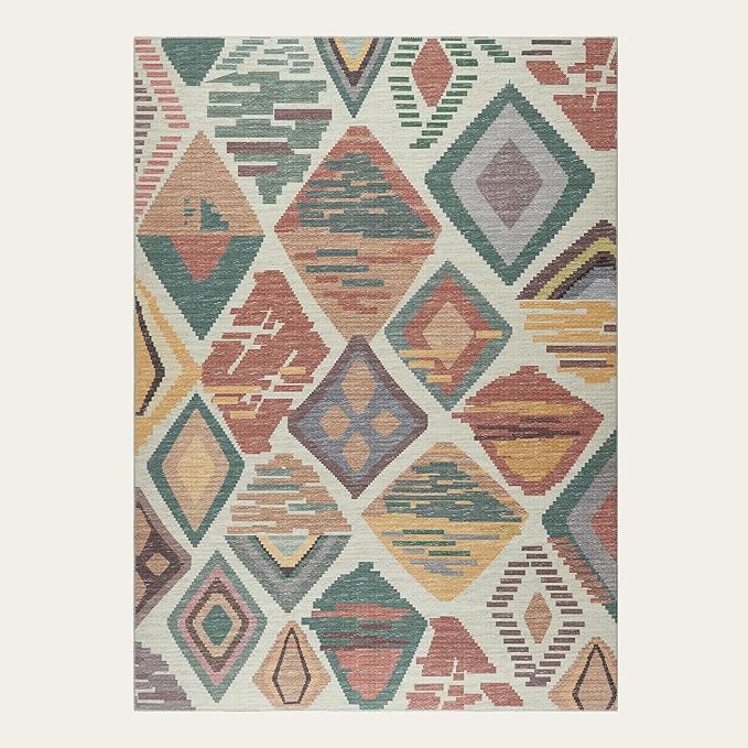jinchan 5x7 Kids Washable Area Rug Geometric Moroccan Faux Jute Indoor Nursery Rug Non-Slip Colorful Modern Carpet for Playroom Kids Room Living Room Bedroom Laundry Room Boho Blue