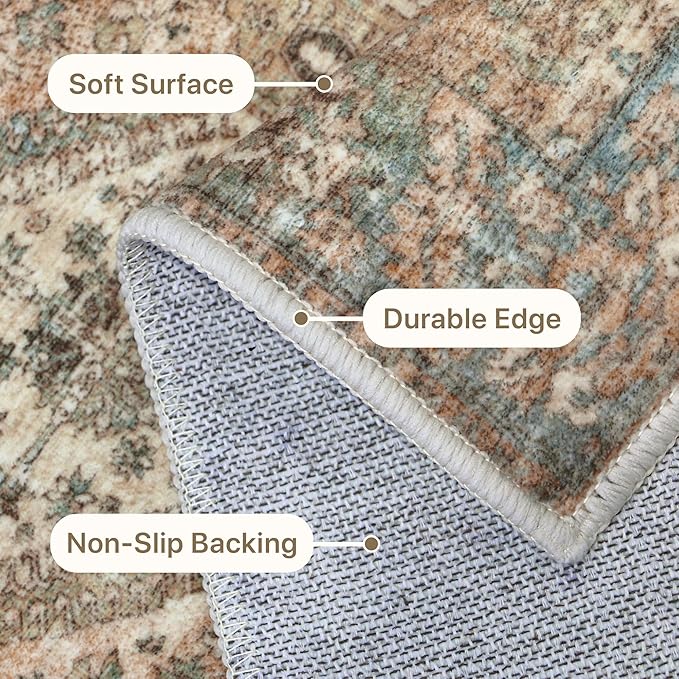 Bavni 10x14 Area Rugs for Living Room, Machine Washable Rug Non Slip, Vintage Chenille Distressed Print Carpet, Large Low Pile Ultra-Thin Lightweight Rugs for Bedroom, Dining Room, Office, Wood Brown