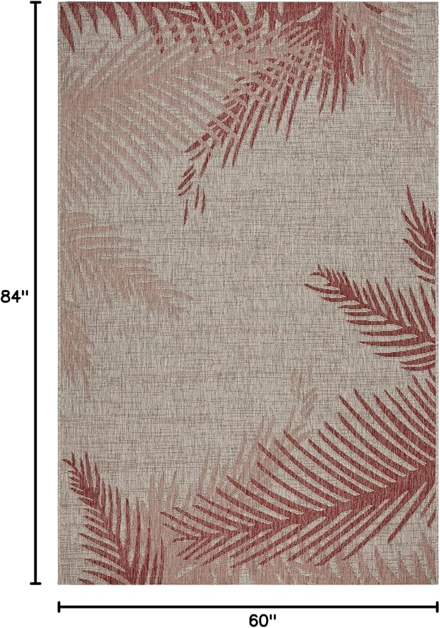 LR Home 5 x 7 Indoor/Outdoor Area Rug for Home Decor | Coastal Palm Leaf Carpet for Living Room, Bedroom, playroom, Patio, Garden | Modern Farmhouse Rug | Red/Beige