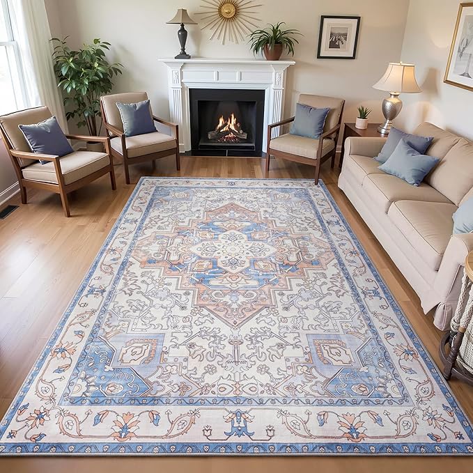 Carvapet Rugs for Living Room, Vintage Low Pile Large Carpet with Rubber Backing, Foldable, Non Slip Machine Washable (10 x 8 Feet Rectangular, Orange/Blue Area Rug)