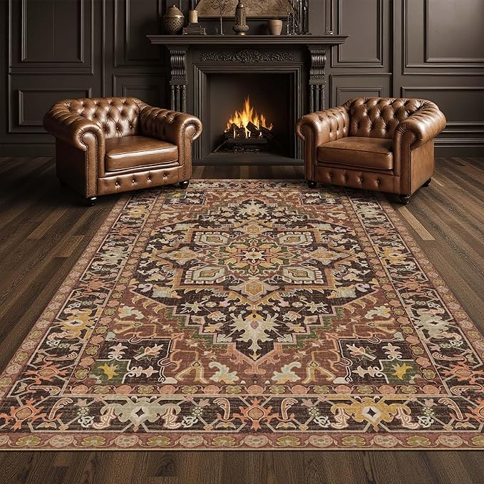 Kokia Washable Area Rugs 9x12 Living Room Boho Non Slip Thin Carpet Stain Resistant Vintage Brown Printed Oriental Distressed Rug for Bedroom Low Pile