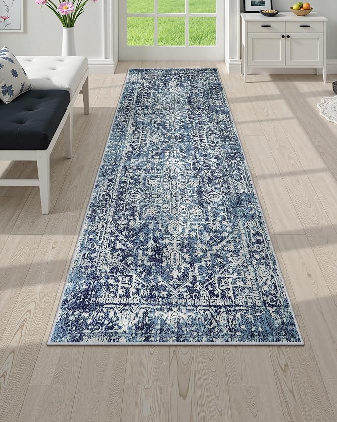 Morebes Vintage Runner Rugs for Hallway 2x6, Blue Washable Kitchen Runner Rug Non-Slip, Distressed Soft Low Pile Non-Shedding Indoor Floor Carpet for Entryway Bathroom Bedroom