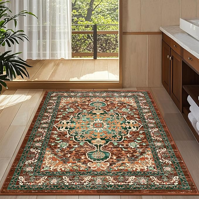U'Artlines Boho Vintage Area Rug 4x6 ft Machine Washable Low Pile Soft Floor Carpet Non Slip Non Shedding Accent Rug for Living Room Bedroom Entryway Dining Room Office Rust＆Teal