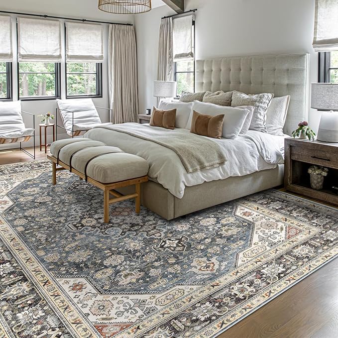 Washable Area Rug Vintage - 9x12 Bedroom Living Room Large Indoor Rugs Soft Oriental Rugs Non-Slip Backing Stain Resistant for Farmhouse Kitchen (9x12 Navy Blue)