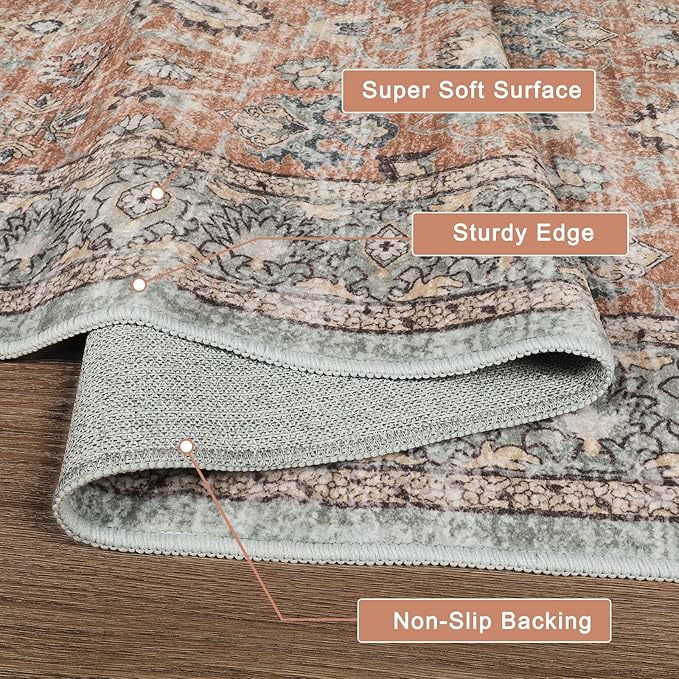 LIVEBOX Washable Runner Rug 2x6 - Boho Kitchen Runner Rug Long Entryway Hallway Rugs, Low-Pile Vintage Terracotta Rugs for Bedroom, Non-Slip Soft Carpet for Bathroom Laundry Room Hallway