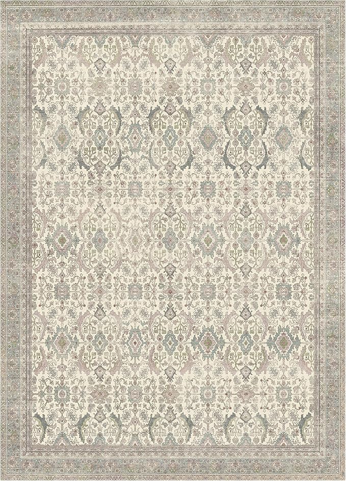 8X10 Area Rugs Machine Washable Rugs for Living Room, Vintage Boho Large Rugs for Bedroom Dining Room, Non Slip Indoor Soft Distressed Lightweight Thin Low Pile Carpet, Cream