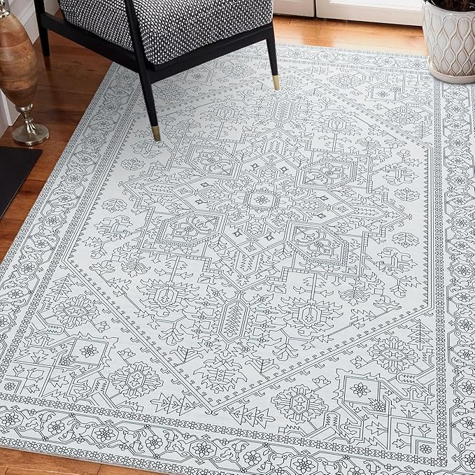 Washable Area Rug 5x7 Non-Slip Boho Rugs for Living Room Indoor Carpet for Bedroom Dining Room Front Porch Kitchen, Black and White