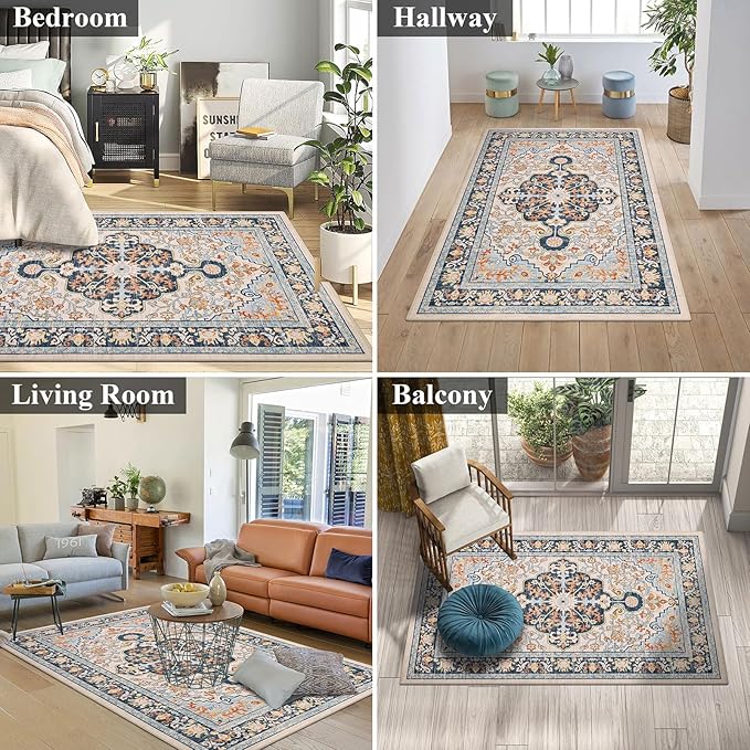 U'Artlines Boho Vintage Area Rug 3x5 Machine Washable Low Pile Soft Floor Carpet Non Slip Non Shedding Accent Rug for Living Room Bedroom Entryway Dining Room Office Orange Blue