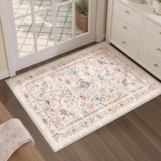 2x3 Washable Area Rug Pink Neutral Carpet for Entryway Floral Distressed Non-Slip Low Pile Soft Lightweight Vacuumable Throw Rug Small Door Mat for Kitchen Entrance Bathroom