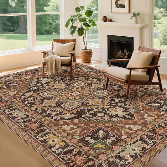 Kokia Washable Area Rugs 9x12 Living Room Boho Non Slip Thin Carpet Stain Resistant Vintage Brown Printed Oriental Distressed Rug for Bedroom Low Pile