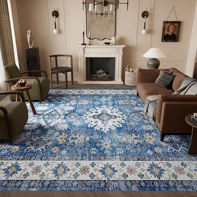 9x12 Rug, Washable Neutral Boho Modern Vintage Non Slip Floral Area Carpet, Low Pile Soft Rugs, Slip Resistance, Pet-Friendly, Durable Rug for Living Room, Bedroom, Kitchen, Dining Room