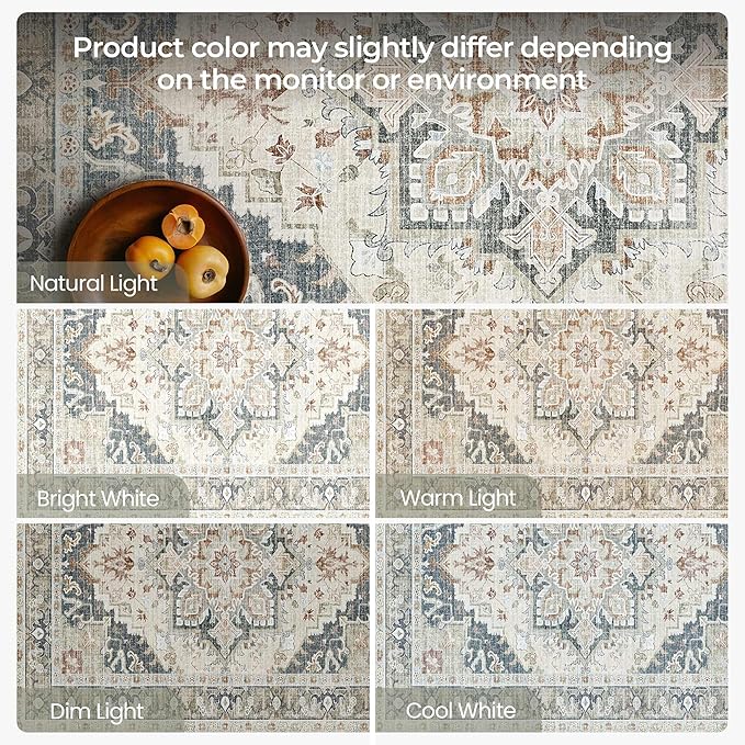 Kokia Washable Area Rugs 9x12 Living Room Boho Non Slip Thin Carpet Stain Resistant Vintage Linen Printed Oriental Distressed Rug for Bedroom Low Pile