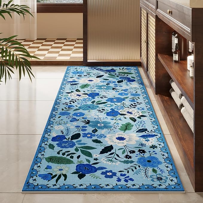 Runners for Hallways Kitchen Rug Non Slip 2'x 10' Long Washable Runner Rugs with Rubber Backing Soft Floral Carpet Runner for Hallways, Kitchen, Laundry, Bedroom, Bathroom(Blue)