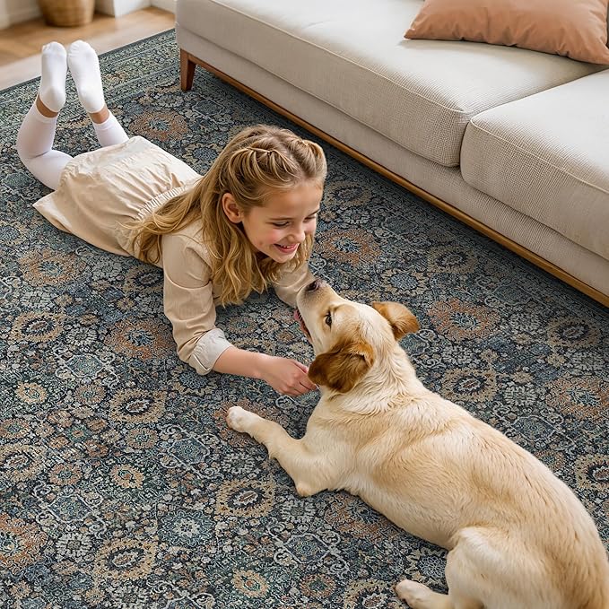 10X12 Area Rugs Machine Washable Rugs for Living Room, Vintage Boho Large Rugs for Bedroom Dining Room, Non Slip Indoor Soft Distressed Lightweight Thin Low Pile Carpet, Beige Blue Grey